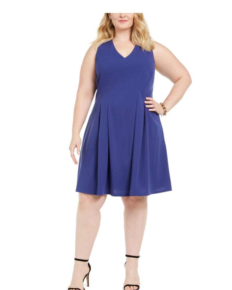 Front of a model wearing a size 24 Teeze Me Women's Plus Pleated V Neck Wear to Work Dress Blue Size 24 in Blue by Teeze Me. | dia_product_style_image_id:312803